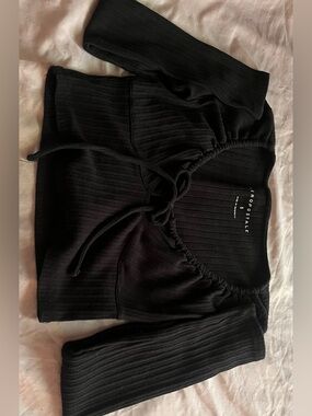 Aeropostale Black Ribbed Square Neck Drawstring Top